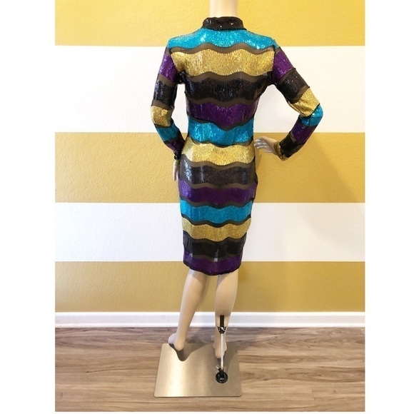 High Neck Colorful Striped Glitter Sexy Sequin Bodycon Clubwear Dress - Picture 5 of 9